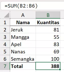 Rumus SUM Excel menjumlahkan kuantitas penjualan.