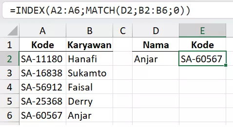 Kombinasi INDEX+MATCH lookup ke kiri.