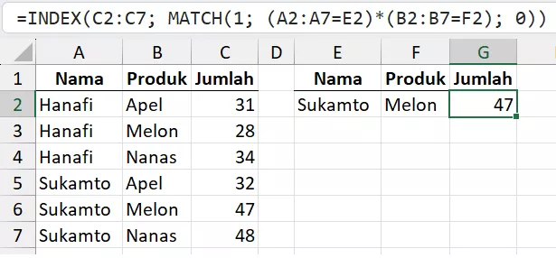 Kombinasi INDEX+MATCH dengan banyak kriteria dengan kondisi And.