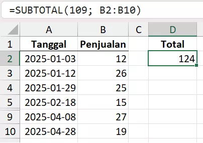 Rumus SUBTOTAL: Menjumlahkan hanya cell yang terlihat