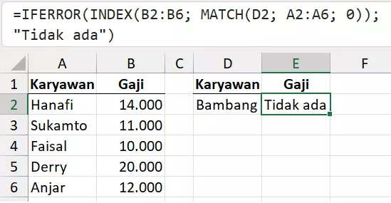 Menangani error INDEX+MATCH dengan IFERROR.