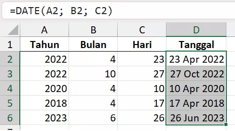 Rumus DATE untuk membentuk tanggal secara aman di Excel.