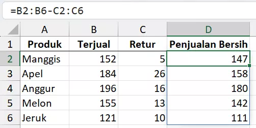 Pengurangan dengan rumus array.