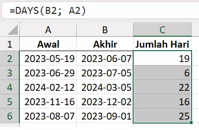 Rumus DAYS untuk mencari selisih hari di antara dua tanggal.