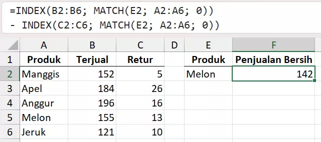 Pengurangan dengan INDEX + MATCH untuk berdasarkan nama produk.