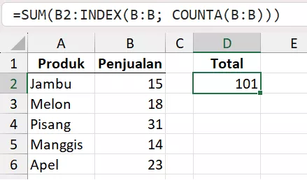 Penjumlahan dengan range dinamis menggunakan INDEX dan COUNTA