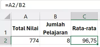 Pembagian di Excel menggunakan referensi cell.
