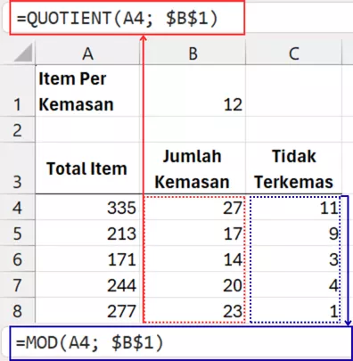 Pembagian menggunakan fungsi QUOTIENT dan MOD.