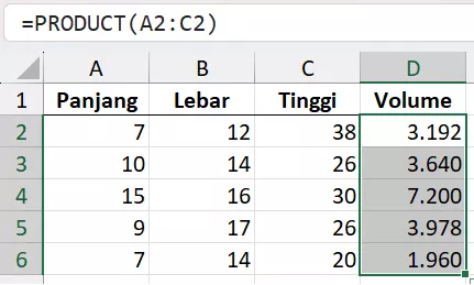 Perkalian dengan rumus PRODUCT.