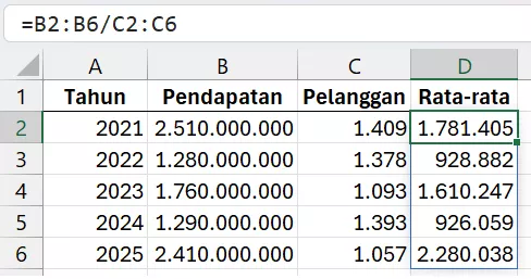 Pembagian menggunakan rumus array.