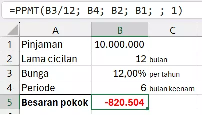 Menghitung rumus PPMT dengan pembayaran di awal periode.