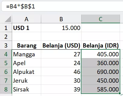 Perkalian di Excel dengan menggunakan konstanta.