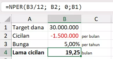 Menghitung simulasi UMK untuk modal kerja dengan rumus NPER.