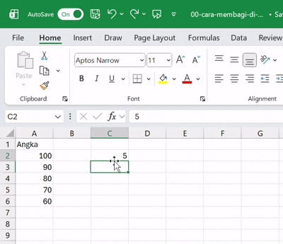 Membagi di Excel tanpa rumus dengan Paste Special: Divide.