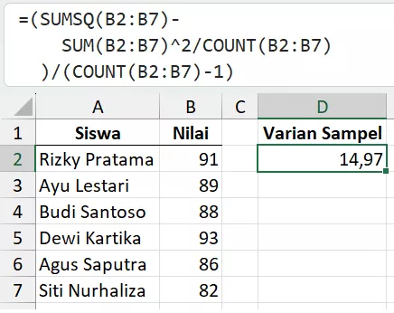 Menghitung varian sampe dengan rumus SUMSQ.