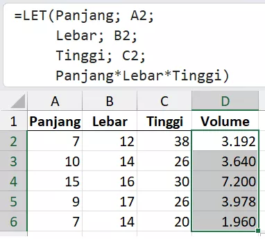 Perkalian menggunakan fungsi LET untuk penamaan variabel.
