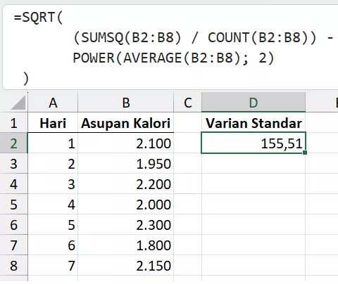 Menghitung varian standar dengan SUMSQ.