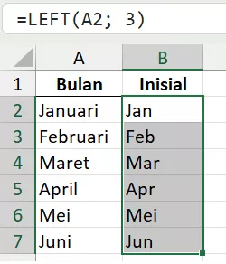Mengambil inisial nama bulan dengan rumus LEFT.