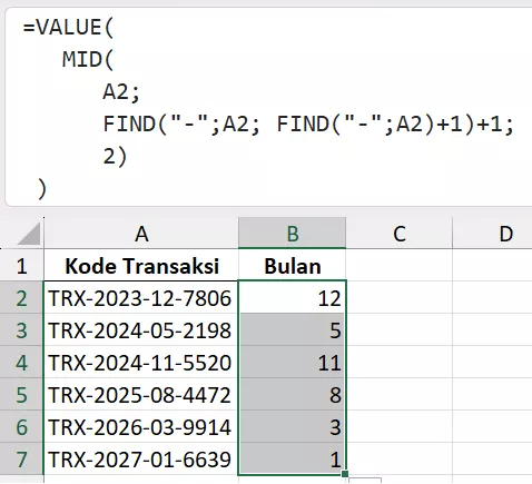 Mengambil angka bulan dari kode transaksi dengan rumus MID.