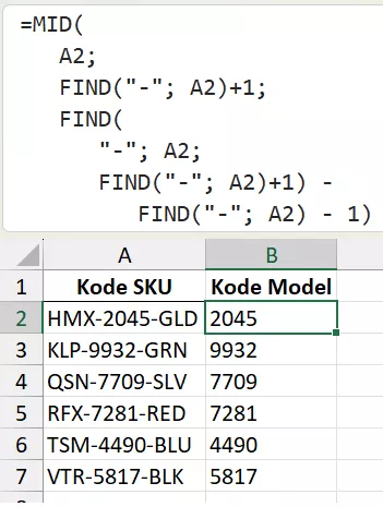 Mengambil kode model dari SKU dengan rumus MID.
