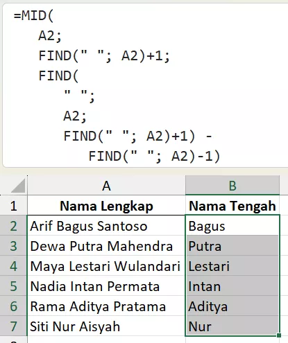 Mengambil nama tengah dari nama lengkap.