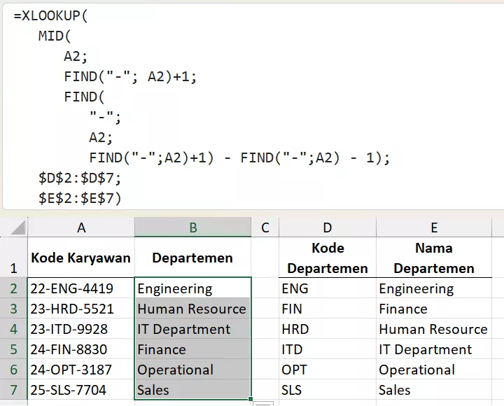 Mengambil departemen dari ID karyawan dengan rumus MID.