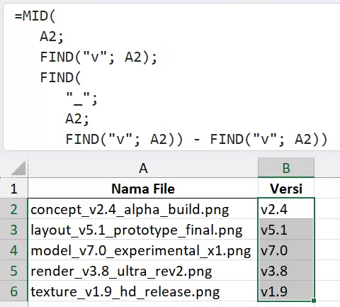 Menggunakan rumus MID untuk mengambil versi dari nama file.