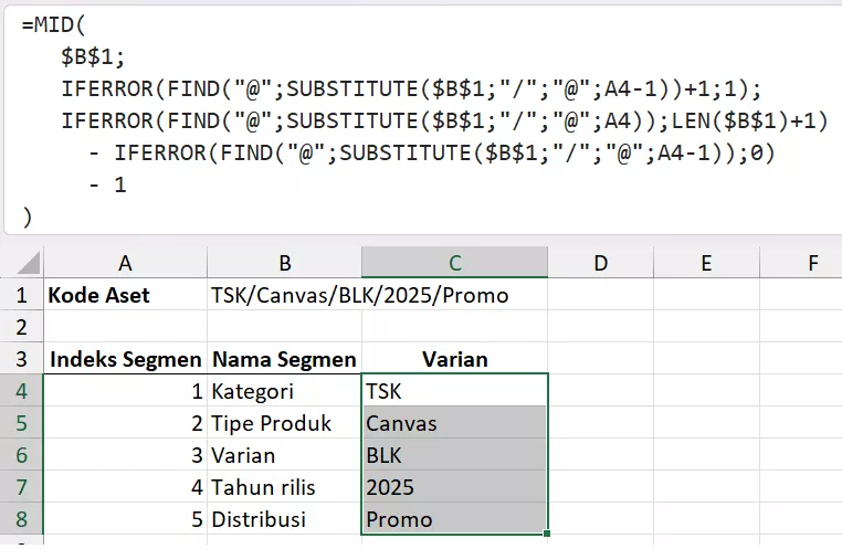 Memisahkan setiap segmen dari suatu teks dengan rumus MID kombinasi.