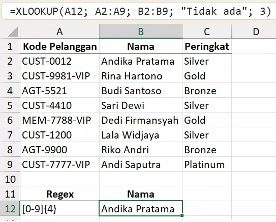 Mencari kode pelanggan dengan format tertentu.