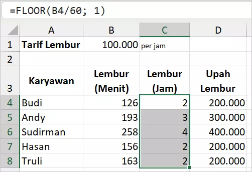 Menghitung upah lembur karyawan dengan rumus FLOOR.