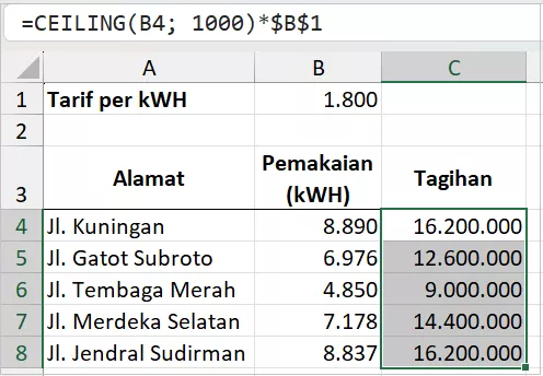 Menghitung tagihan listrik berdasarkan blok kWH.