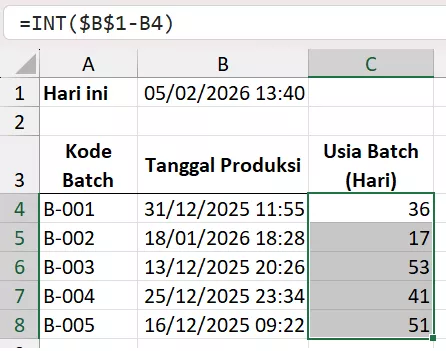 Menghitung usia batch manufaktur.