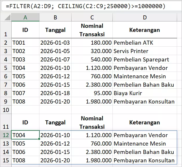 Memilih transaksi yang naik ke bracket tertentu.