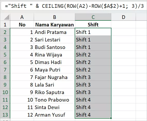 Mengatur jadwal shift karyawan dengan rumus CEILING.