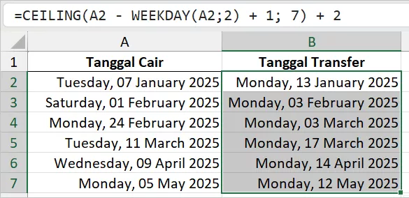 Menghitung pembulatan tanggal ke Senin berikutnya.
